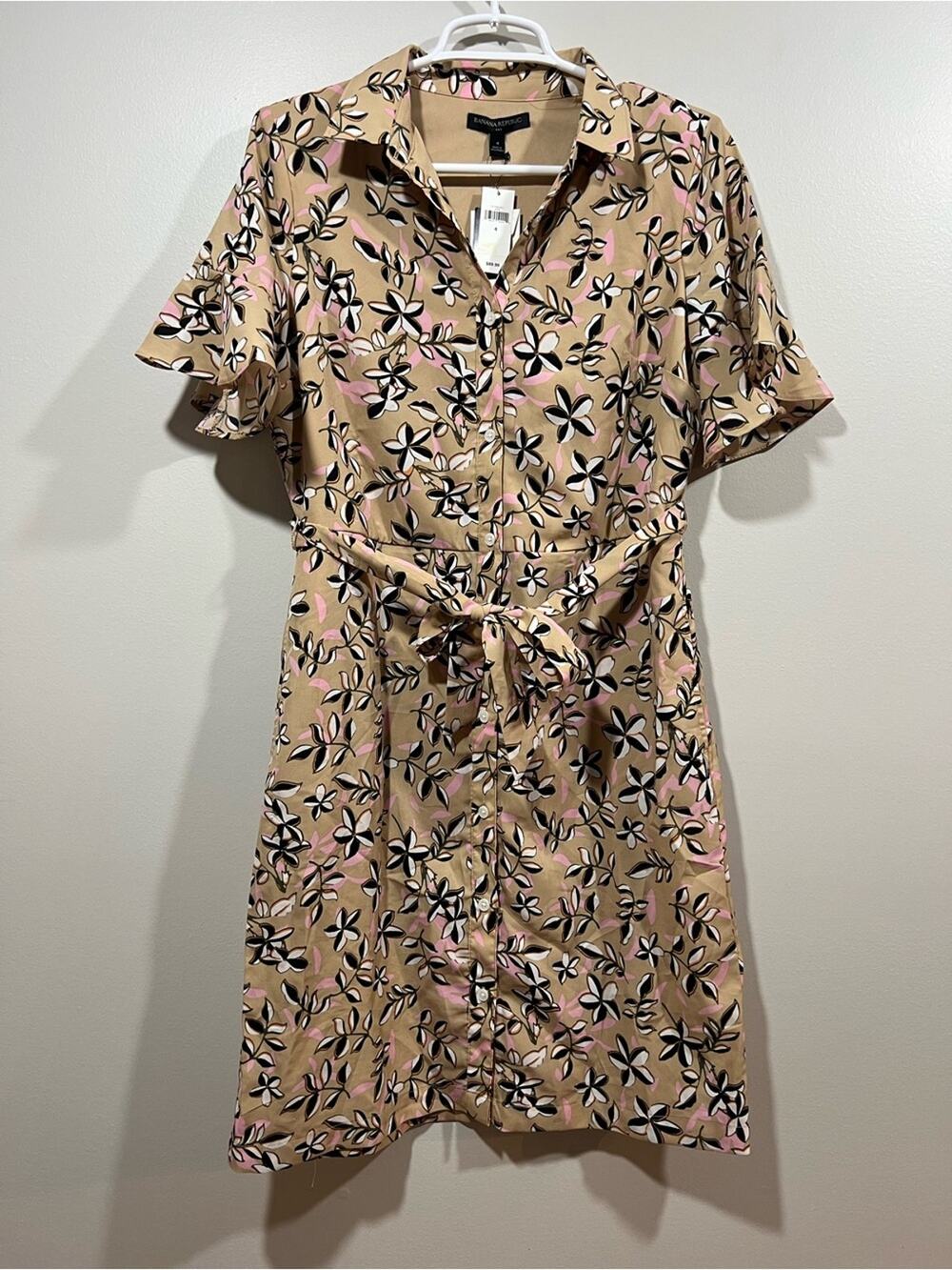 Banana Republic Tan Floral Shirt Dress with Pink & Black Accents Size 4